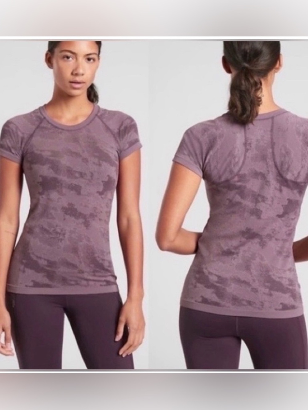 Athleta Women’s Size Medium Momentum Seamless Tee in Purple Camo, Activewear